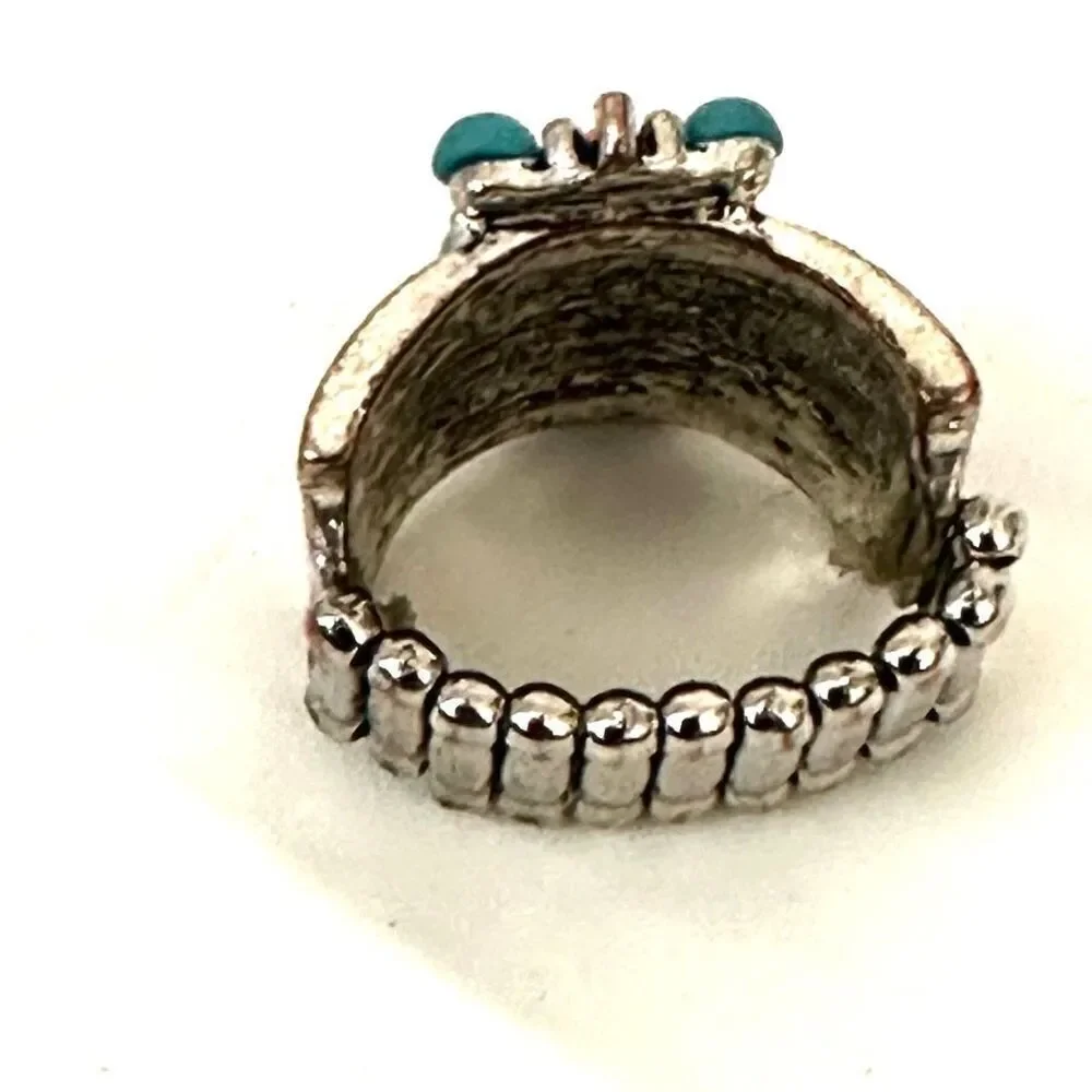 Blue and orange silver tone stretchy ring